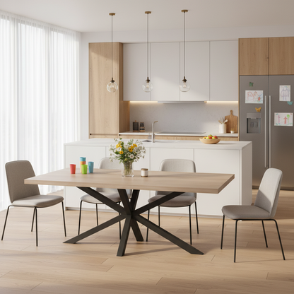 Moderner Esstisch aus geölter Eiche mit grauer Oberfläche und Spidergestell von Wildwuchs-Möbel, klarer Designstil