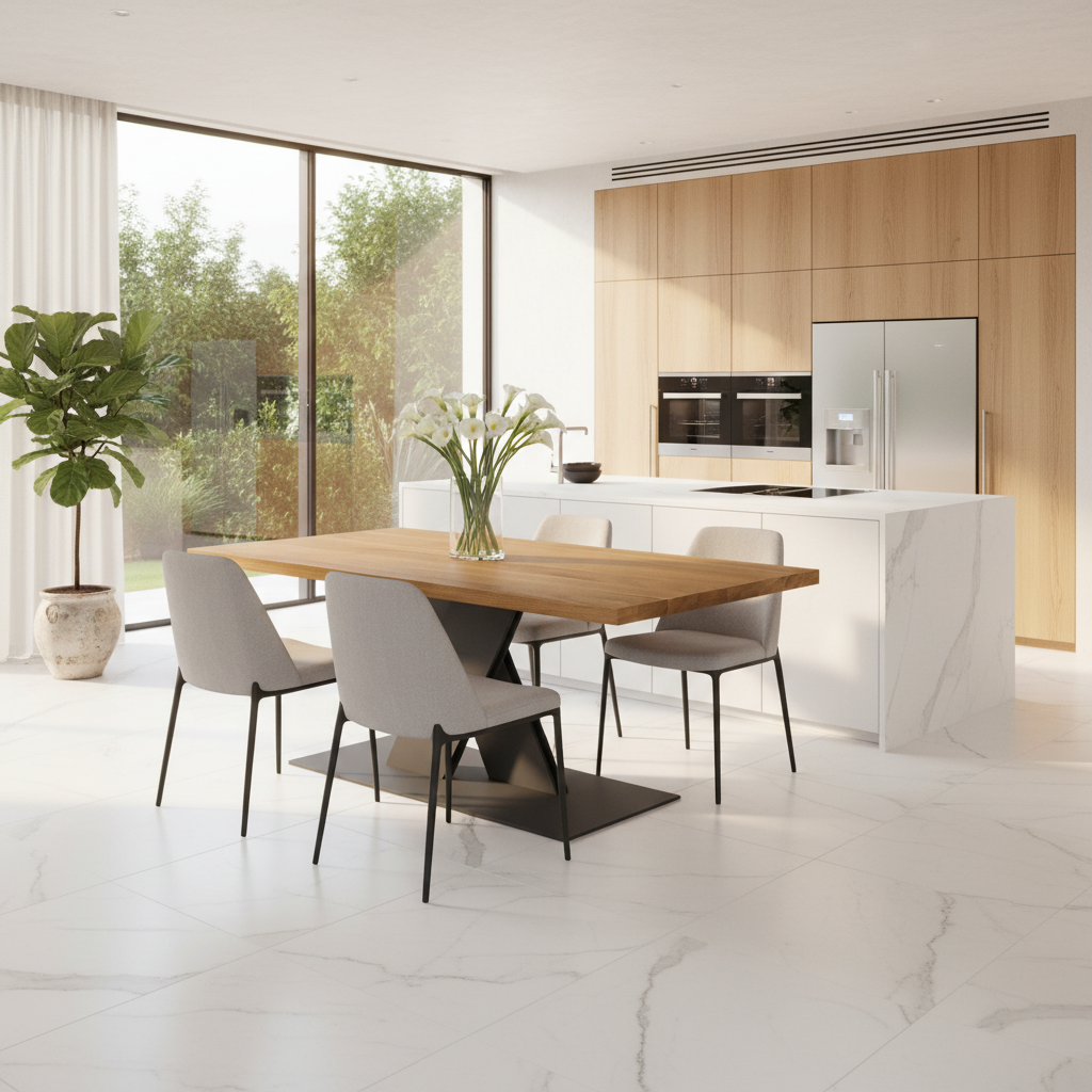 Moderner Esstisch aus Eiche, naturgeölt, mit stabilem Stahl-Fuß "Flaches X" von Wildwuchs-Möbel.