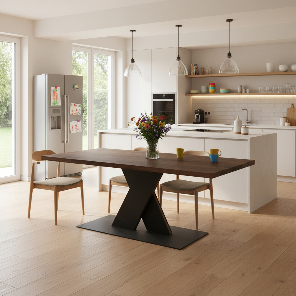 Rustic brown oak dining table by Wildwuchs-Möbel with a flat X-shaped base made of solid steel and wood.