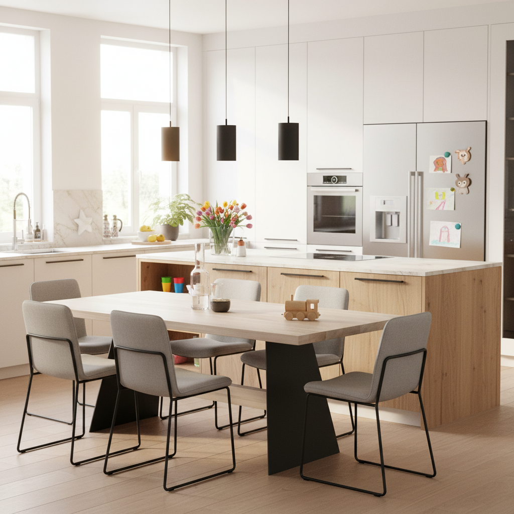 Grau gewachster Esstisch aus Eiche mit Querträger aus massivem Holz und Stahl von Wildwuchs-Möbel.