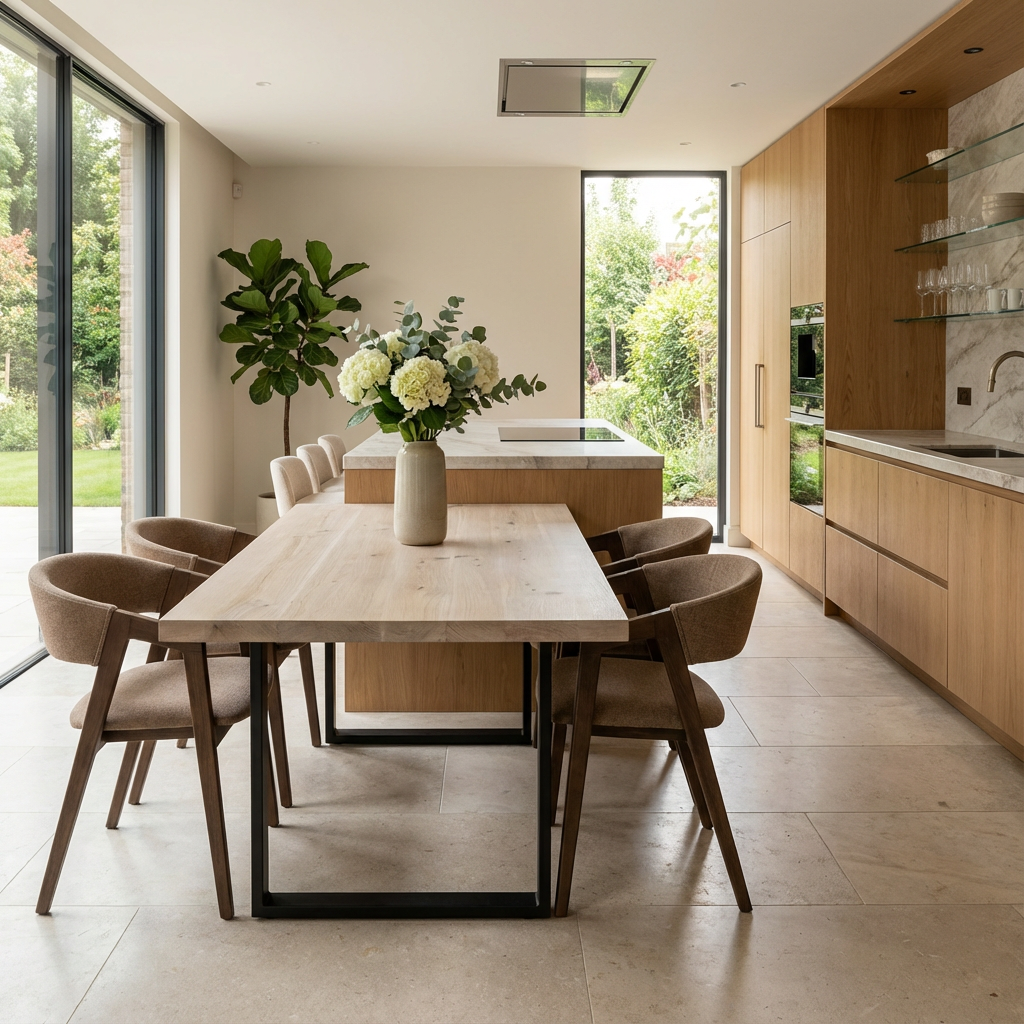 Rustikaler Esstisch aus Eiche von Wildwuchs-Möbel, weiß geölt, mit U-förmigem Fuß, modernes Design, natürliche Holzoptik