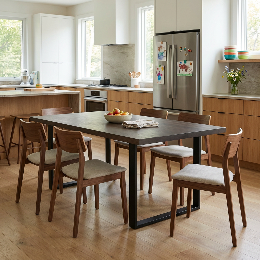 Modern black waxed oak dining table with U-shaped legs by Wildwuchs-Möbel, showcasing elegant design and sturdy construction.