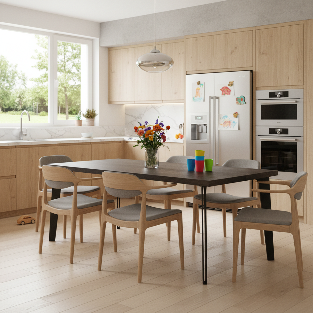 Modern black oak dining table by Wildwuchs-Möbel with a hollow steel leg design, showcasing its elegant finish.