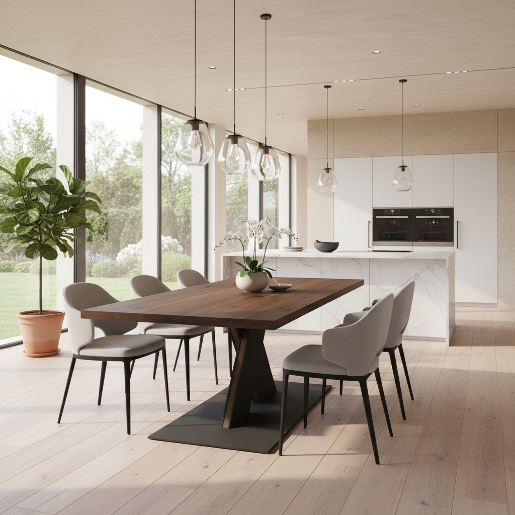 Rustic brown oak dining table by Wildwuchs-Möbel with flat "X" steel and wood base, showcasing natural grain and finish.