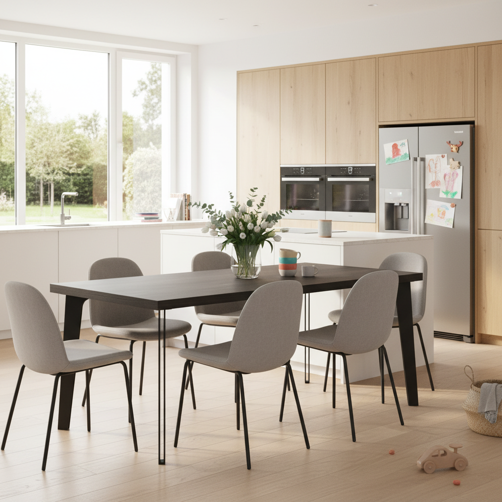 Rustic black oak dining table by Wildwuchs-Möbel with hollow leg design in solid steel, showcasing natural wood texture.