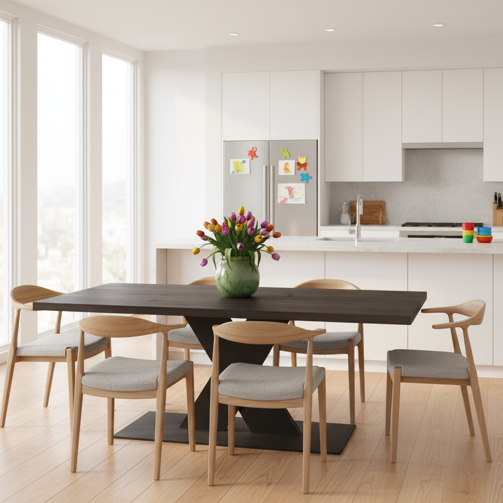 Rustic black oak dining table by Wildwuchs-Möbel with flat X-shaped legs in solid steel and wood.