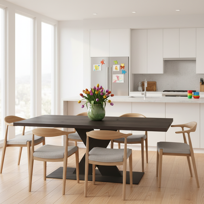 Rustic black oak dining table by Wildwuchs-Möbel with flat X-shaped legs in solid steel and wood.