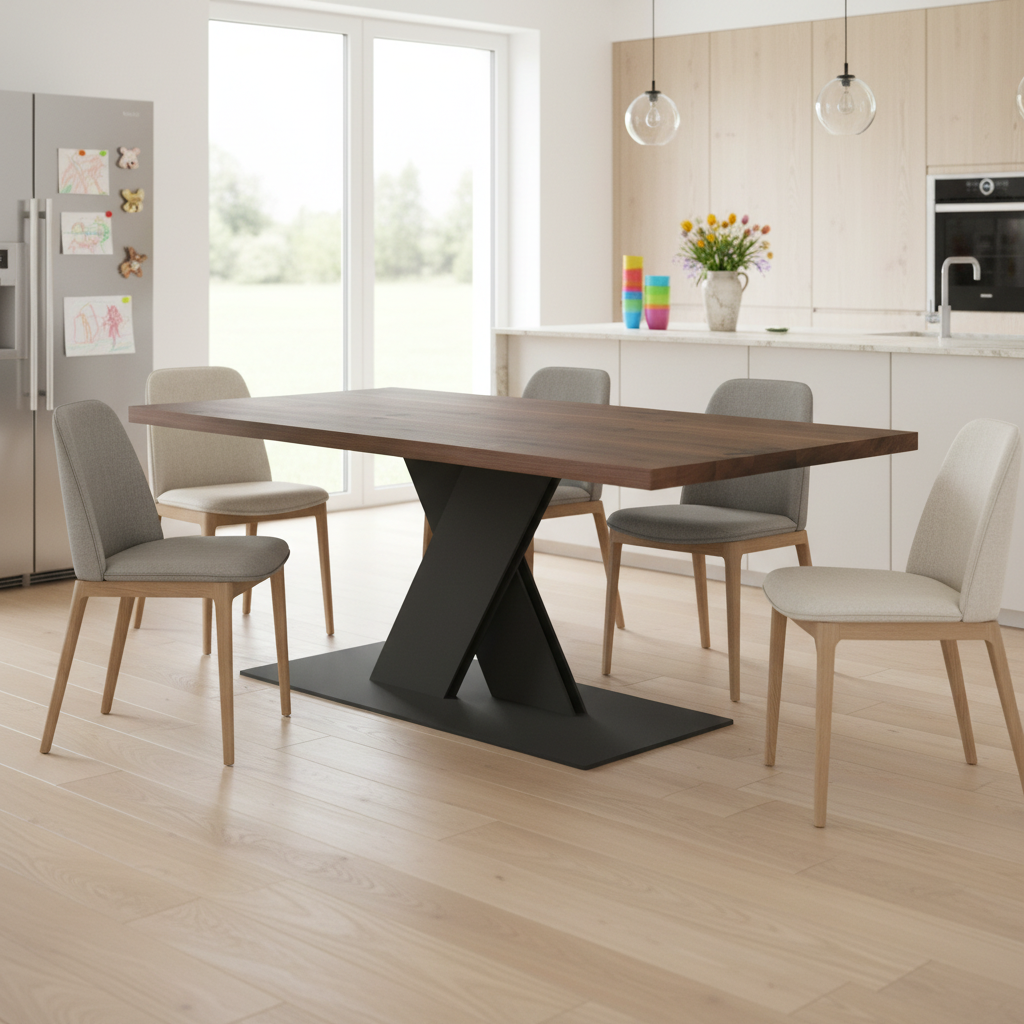 Rustic brown oak dining table by Wildwuchs-Möbel with flat X-shaped steel base, showcasing its natural finish.