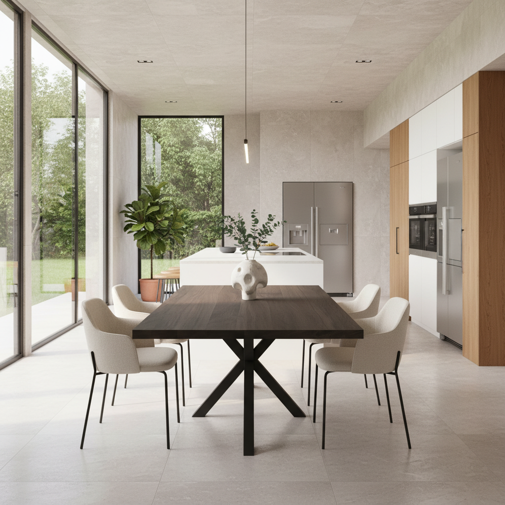 Moderne Esstisch aus gewachster Eiche in Schwarz mit Spidergestell von Wildwuchs-Möbel, elegant und stilvoll.