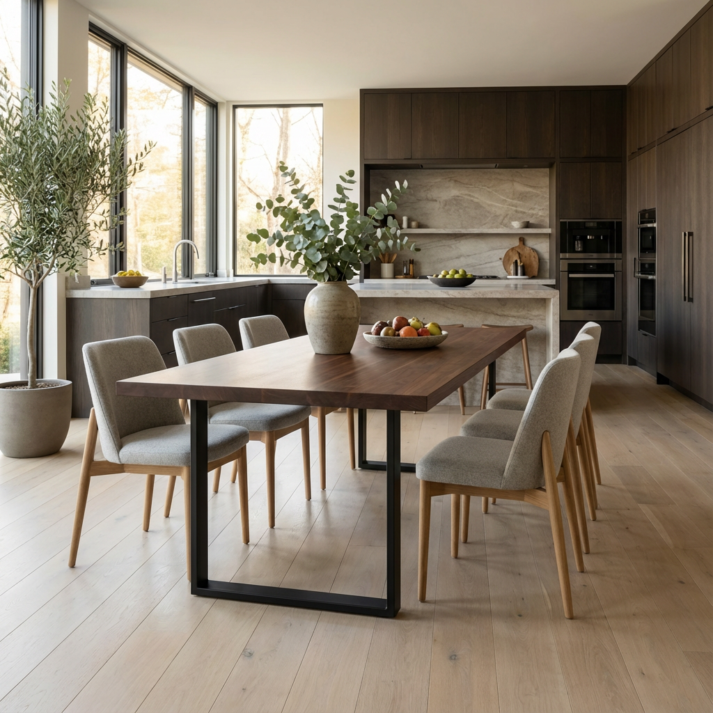 Braun gewachster Esstisch aus Eiche mit U-förmigem Fuß von Wildwuchs-Möbel, modernes Design und natürliche Holzmaserung.