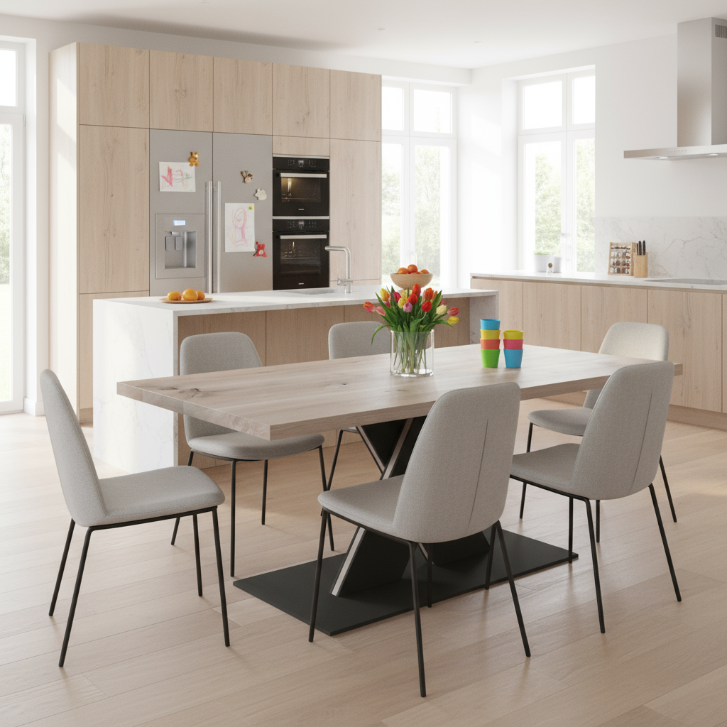 Rustic gray oak dining table by Wildwuchs-Möbel with flat X-shaped base made of solid steel and wood.