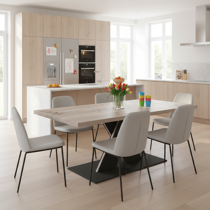 Rustic gray oak dining table by Wildwuchs-Möbel with flat X-shaped base made of solid steel and wood.