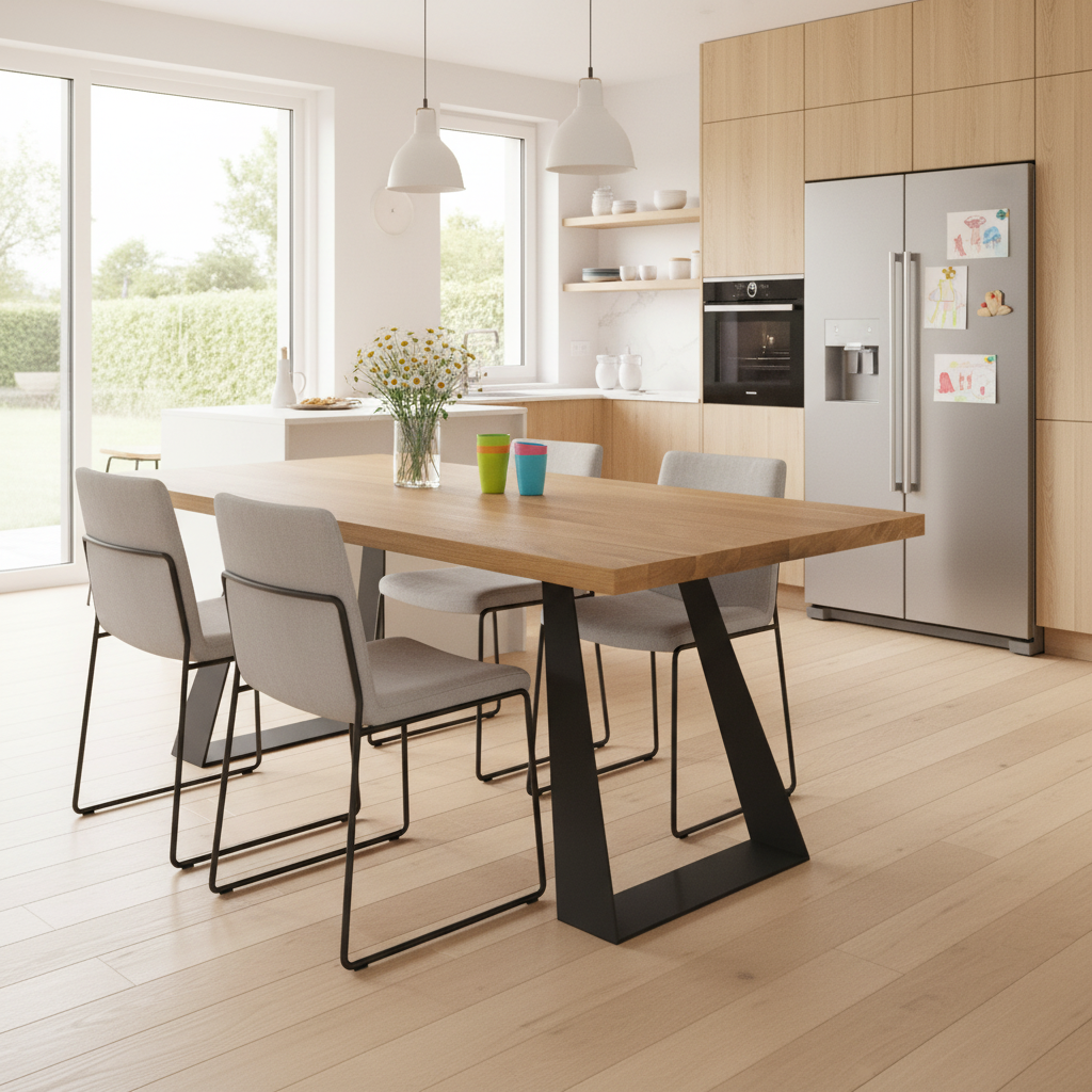 Moderner Esstisch aus Eiche mit naturöl, mit stabilem Stahl-Fuß im Trapez-Design, von Wildwuchs-Möbel