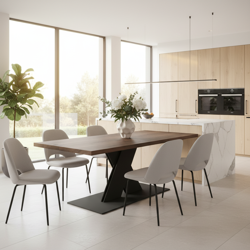 Rustic brown oak dining table by Wildwuchs-Möbel with flat X-shaped base made of solid steel.