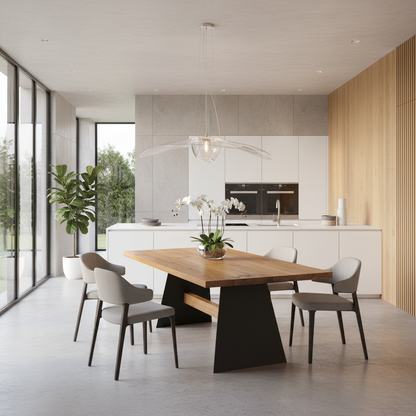 Rustic oak dining table by Wildwuchs-Möbel with wooden cross-braces and sturdy steel legs, showcasing natural finish.