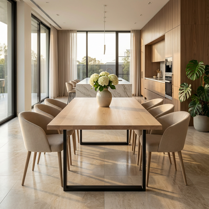 Premium white oak dining table with U-shaped legs by Wildwuchs-Möbel, showcasing modern design and rich wood grain.