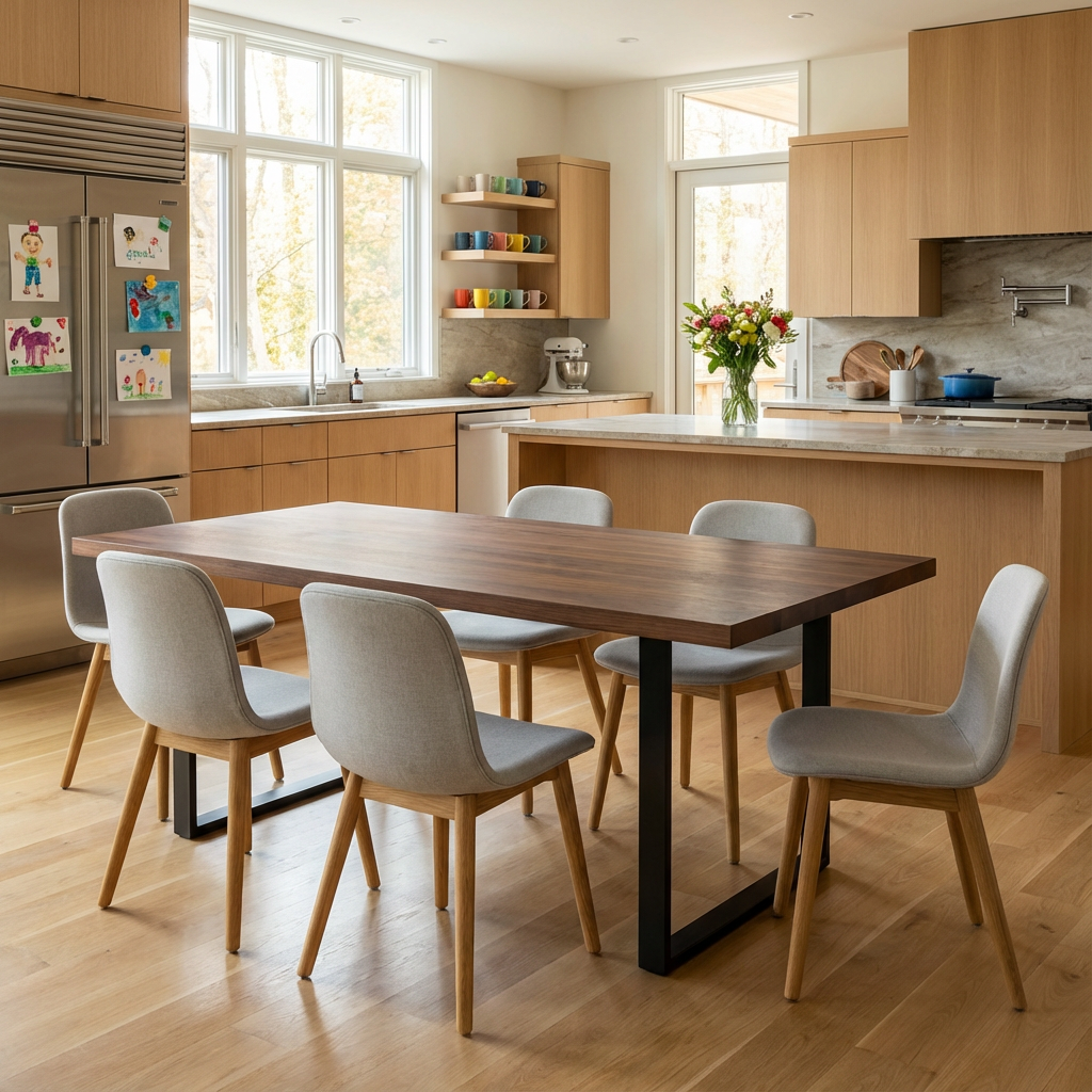 Brauner gewachster Esstisch aus Eiche mit U-förmigem Fuß von Wildwuchs-Möbel, modernes Design, natürliche Holzmaserung.