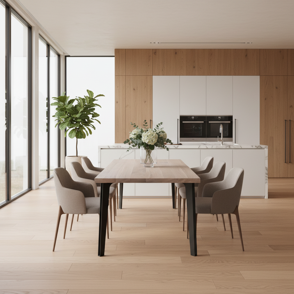 Modern Wildwuchs-Möbel oak dining table with white wax finish and hollow leg design in solid steel.