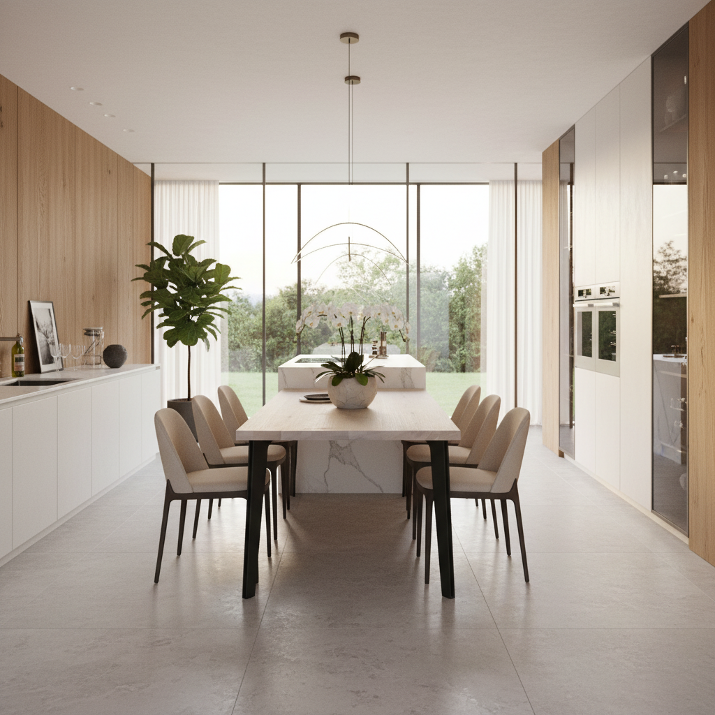 Rustic white waxed oak dining table by Wildwuchs-Möbel with hollow steel legs, showcasing natural wood grain and modern design.