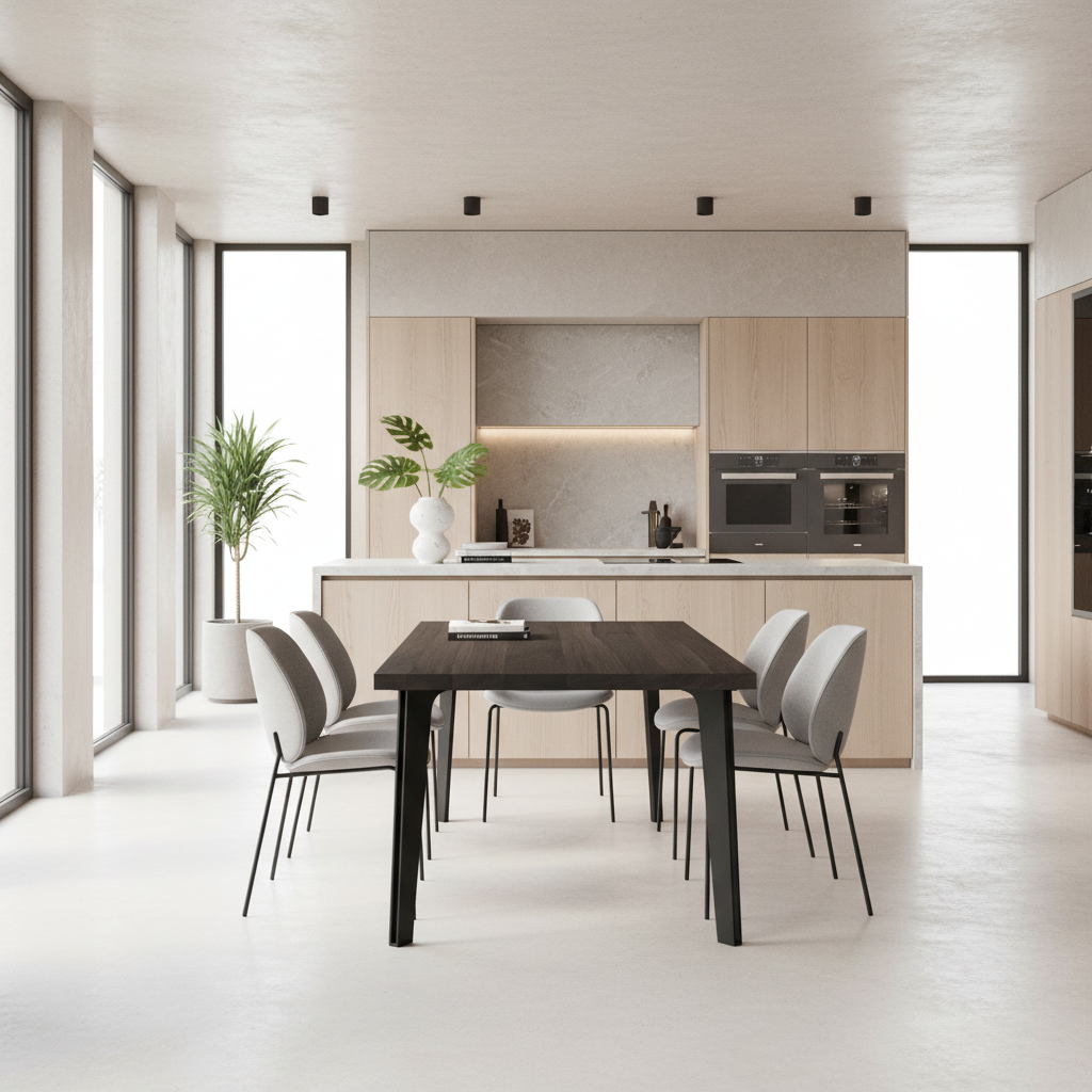 Esstisch aus gewachster Eiche mit Stahlbeinen im modernen Design von Wildwuchs-Möbel, elegant und robust.