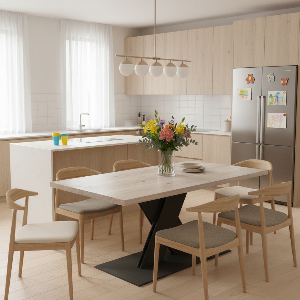 Rustic white waxed oak dining table by Wildwuchs-Möbel with a flat X-shaped base in solid steel.