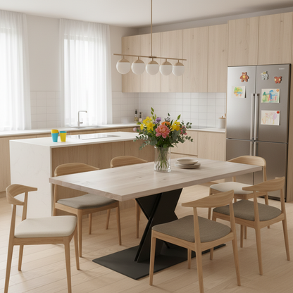 Rustic white waxed oak dining table by Wildwuchs-Möbel with a flat X-shaped base in solid steel.