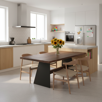 Rustic brown oak dining table by Wildwuchs-Möbel with wooden cross beam and sturdy steel legs.