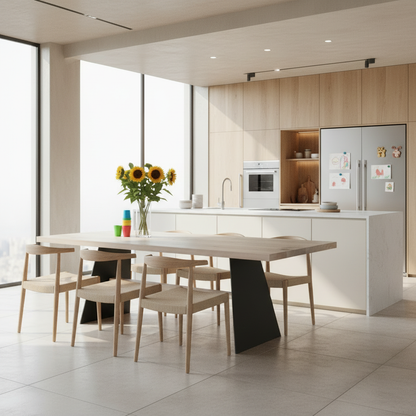 Rustic white oak dining table by Wildwuchs-Möbel with wooden cross beam and solid steel legs.
