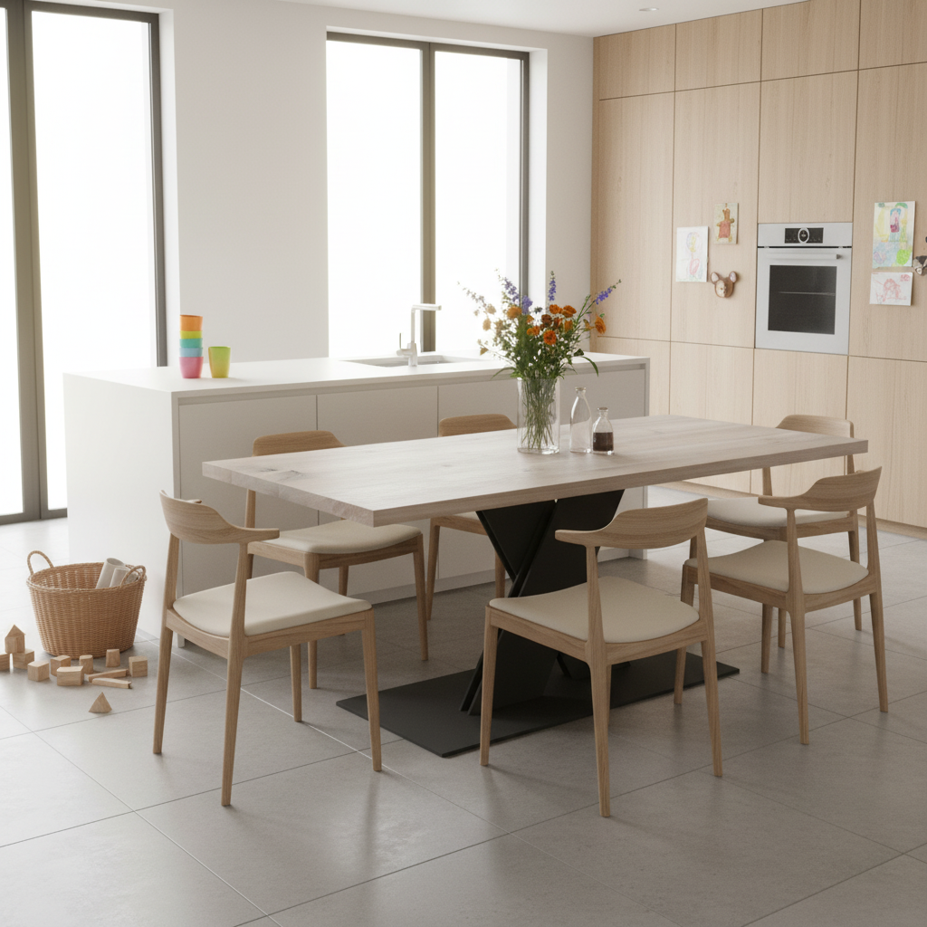 Rustic gray oak dining table with flat X-shaped solid steel base by Wildwuchs-Möbel, showcasing natural wood grain.