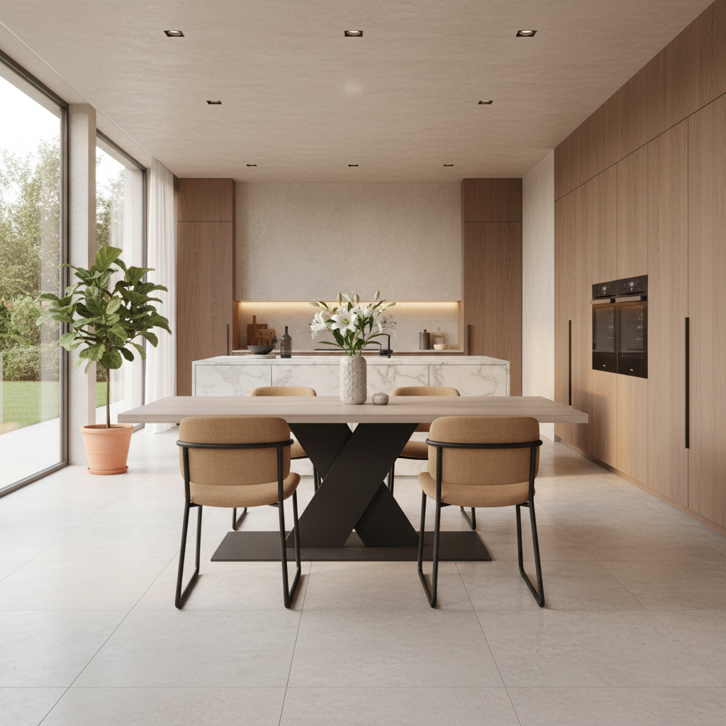 Moderner Esstisch aus Eiche mit weiß geöltem Finish, massiver Stahl-X-Fuß, von Wildwuchs-Möbel, elegantes Holzdesign