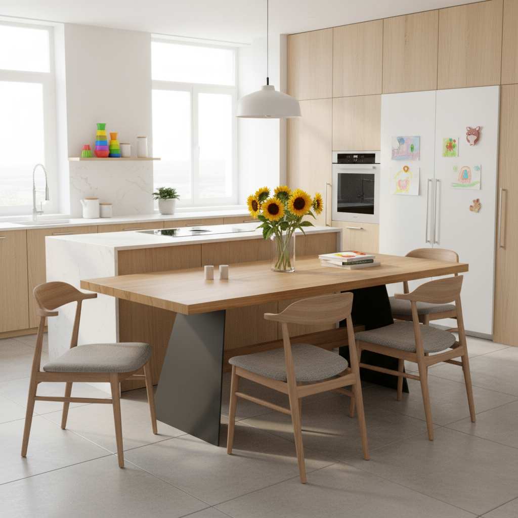 Esstisch aus Eiche in Natur, gewachst, mit Querträger aus massivem Stahl und Holz von Wildwuchs-Möbel.