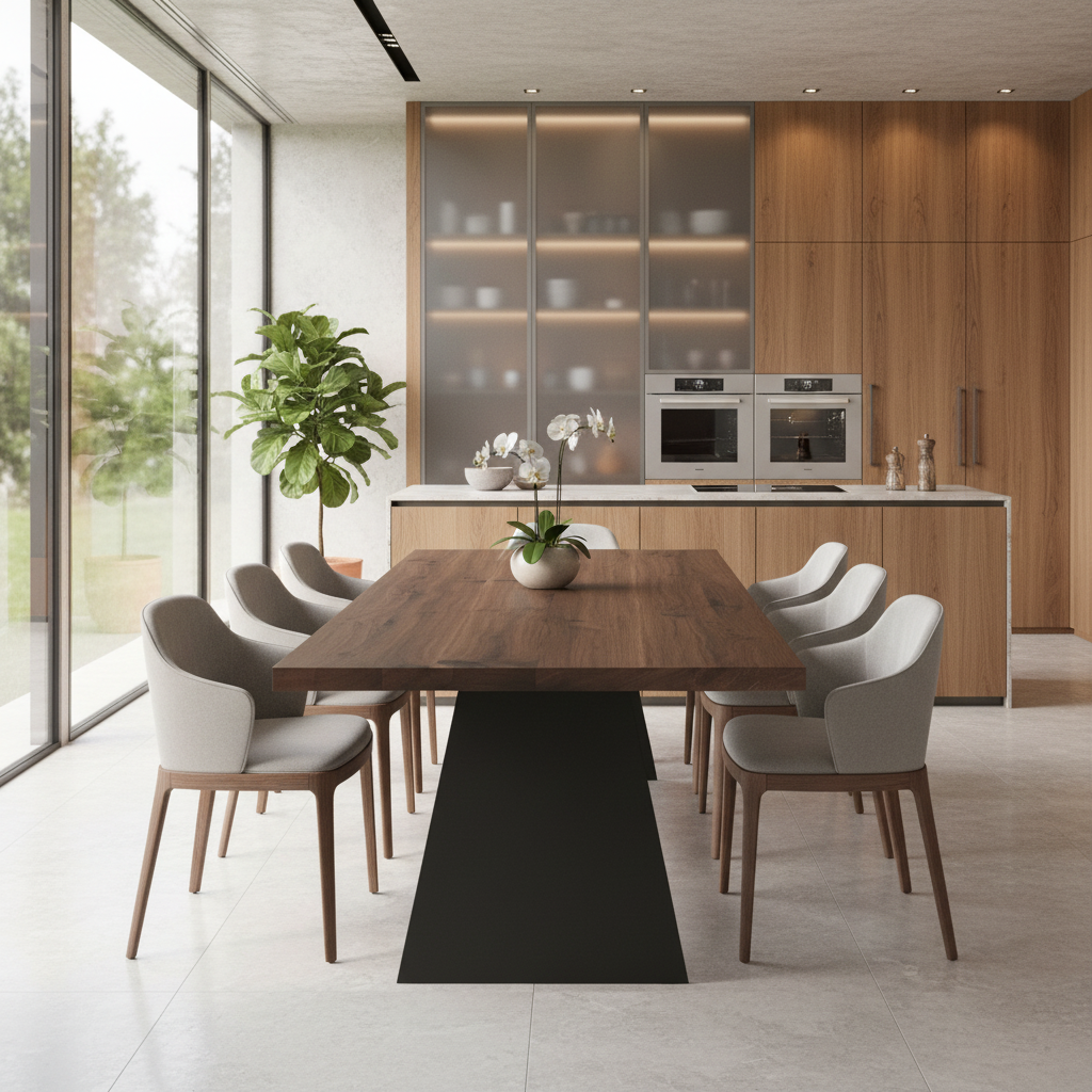 Esstisch aus Eiche in rustikalem Braun mit Holzfuß und Stahl, von Wildwuchs-Möbel, auf hellem Hintergrund.