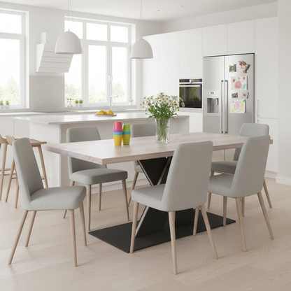 Rustic white waxed oak dining table by Wildwuchs-Möbel with flat X-shaped base in solid steel and wood.