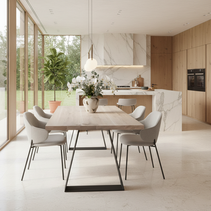Moderner Esstisch aus Eiche rustikal weiß geölt mit Stahltrapezfuß, robustes Design, Wildwuchs-Möbel