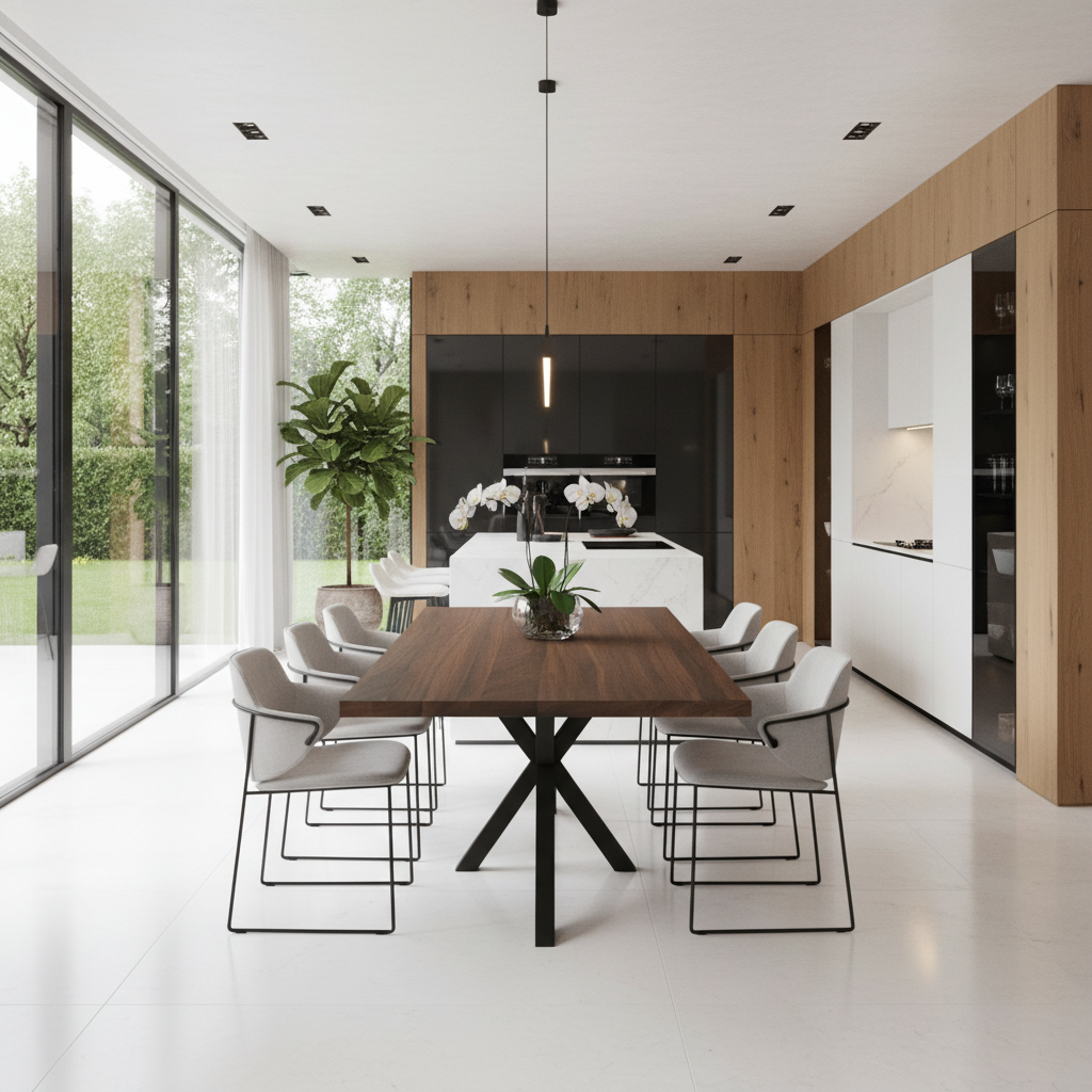 Esstisch aus Eiche in Braun mit gewachster Oberfläche und modernem Spidergestell von Wildwuchs-Möbel.