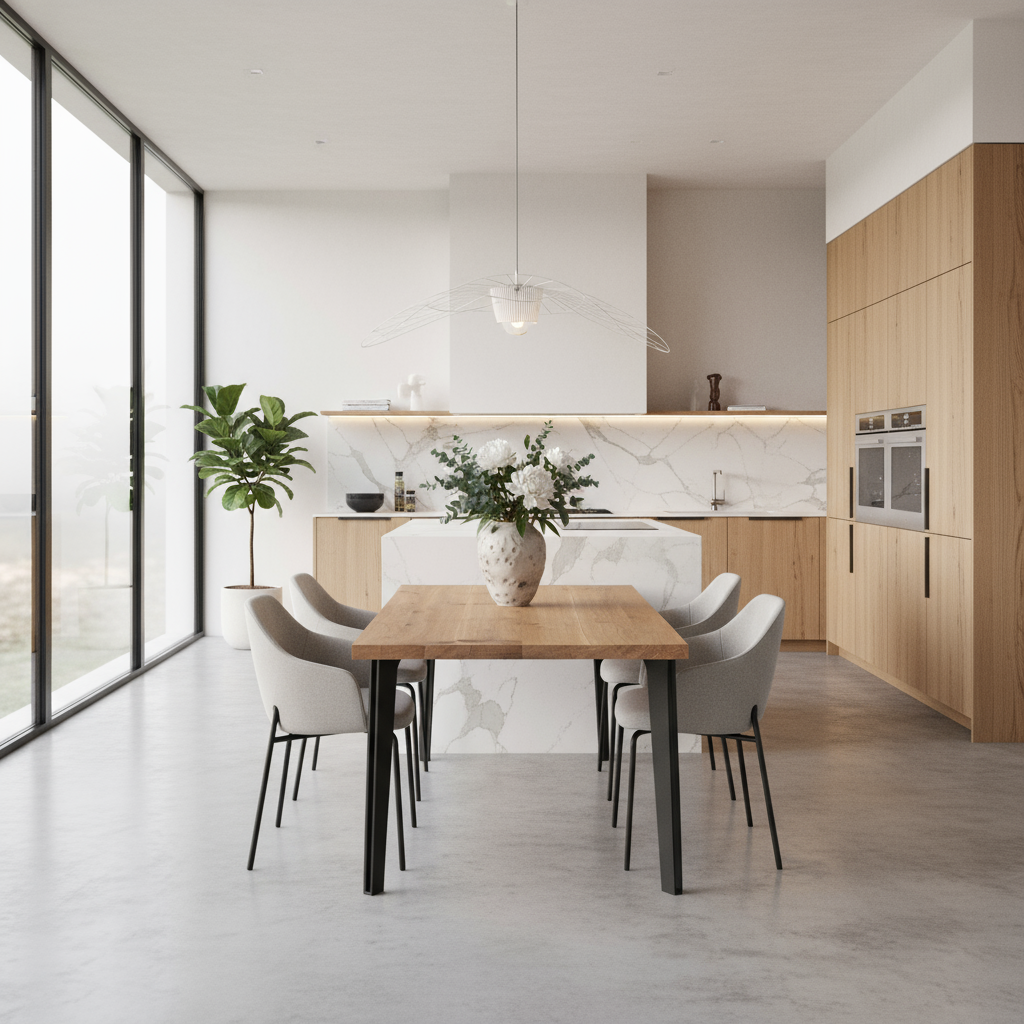 Rustic natural oak dining table by Wildwuchs-Möbel with hollow steel legs, showcasing a warm wood finish.