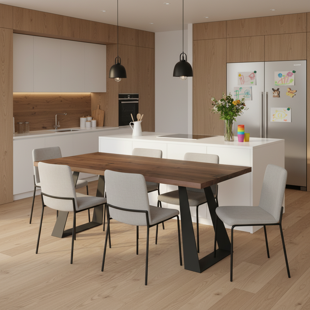 Moderner Esstisch aus Eiche mit rustikaler, geölter Oberfläche und Stahl-Fuß im Trapez-Design, Wildwuchs-Möbel.