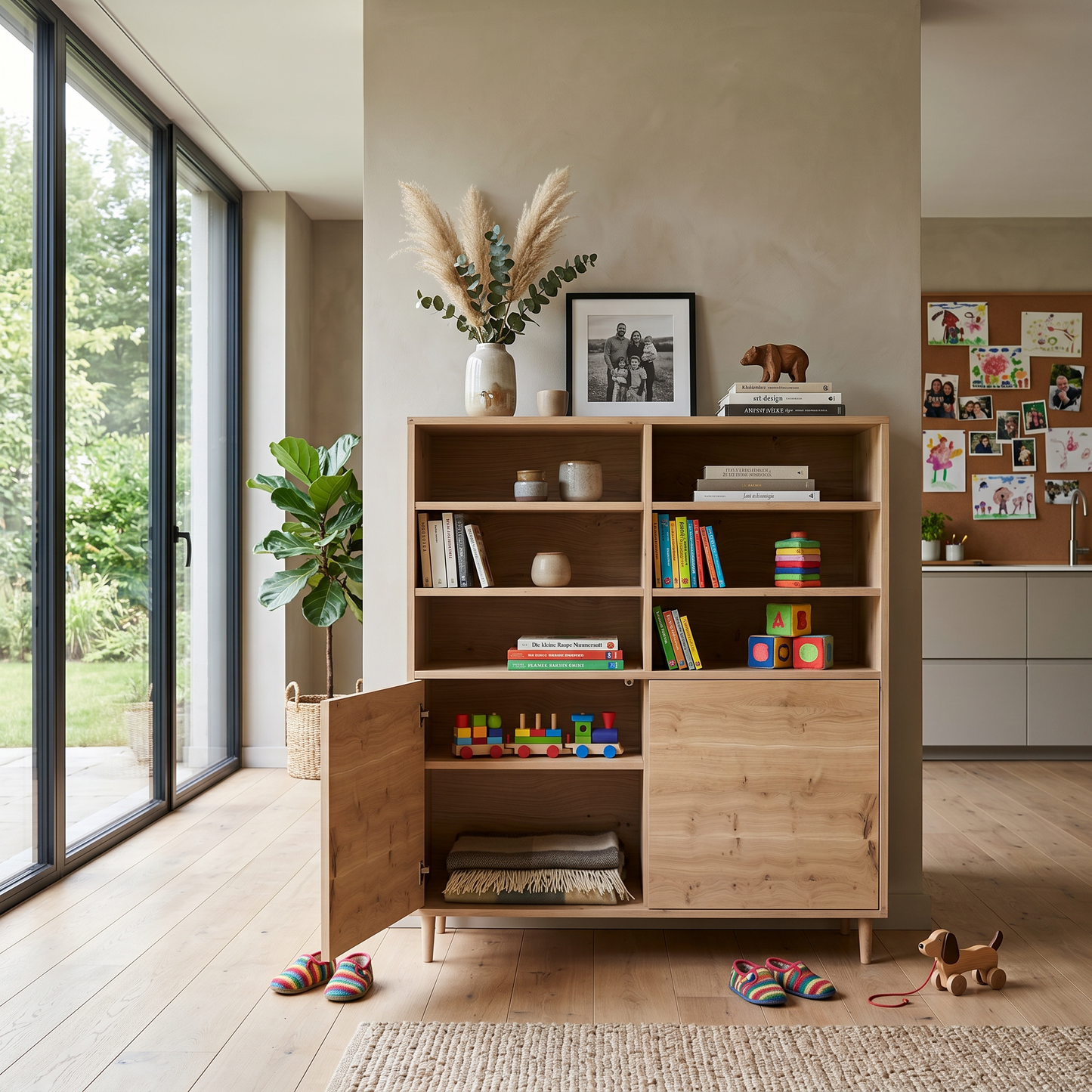 Rustikales Eichen-Highboard von Wildwuchs-Möbel, schmal, mit unsichtbarer Fugen, geölt, 120cm breit, modernes Design.