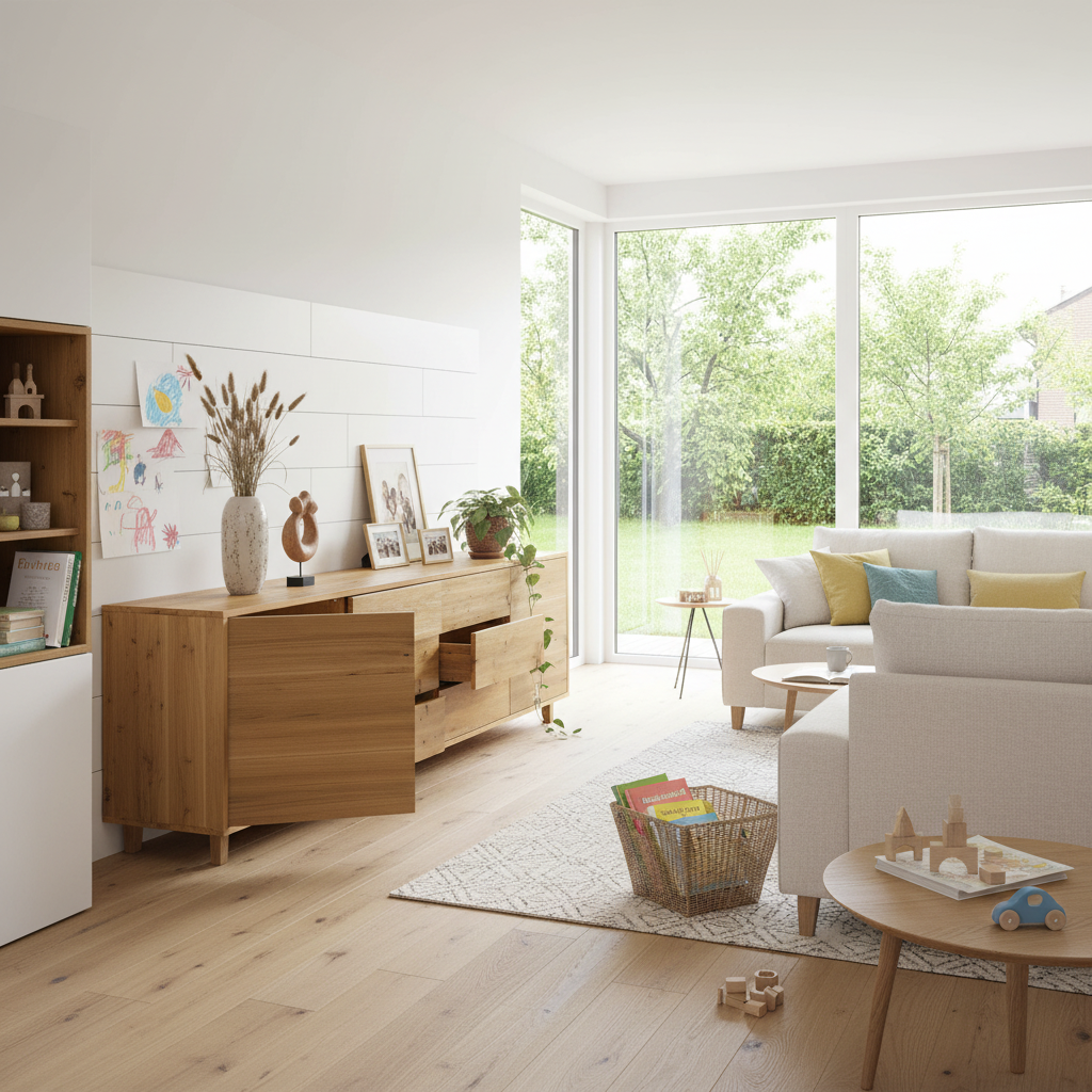 Rustic oak sideboard "schmale Fuge" by Wildwuchs-Möbel, 240cm, showcasing natural oil finish and elegant design.