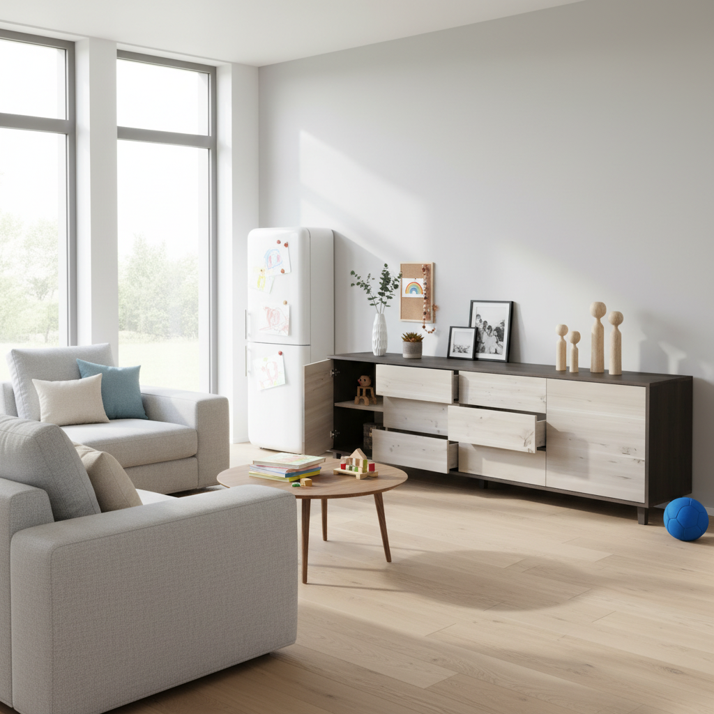 Sideboard "schmale Fuge" in rustic oak, black and white, 240cm by Wildwuchs-Möbel, showcasing sleek modern design.