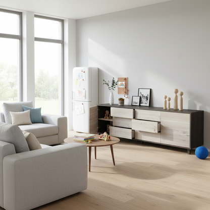 Sideboard "schmale Fuge" in rustic oak, black and white, 240cm by Wildwuchs-Möbel, showcasing sleek modern design.