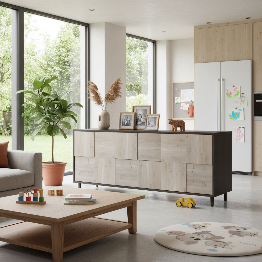 Moderner Wildwuchs-Möbel Sideboard "Mosaik" aus rustikaler Eiche, schwarz/weiß geölt, 180cm breit, stilvoll und funktional