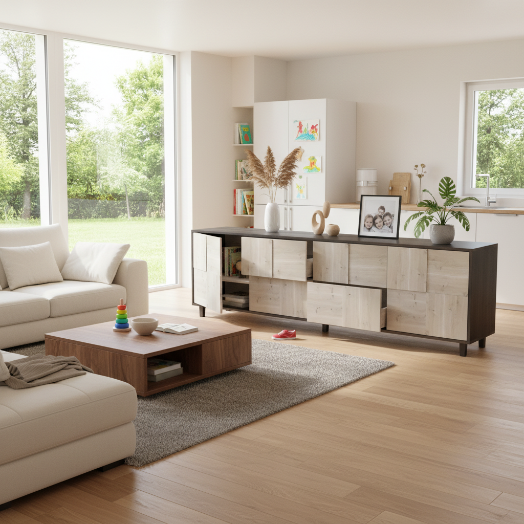 Rustikales Eiche Sideboard "Mosaik" von Wildwuchs-Möbel, modern mit schwarzer und weiß geölter Oberfläche, 240cm breit