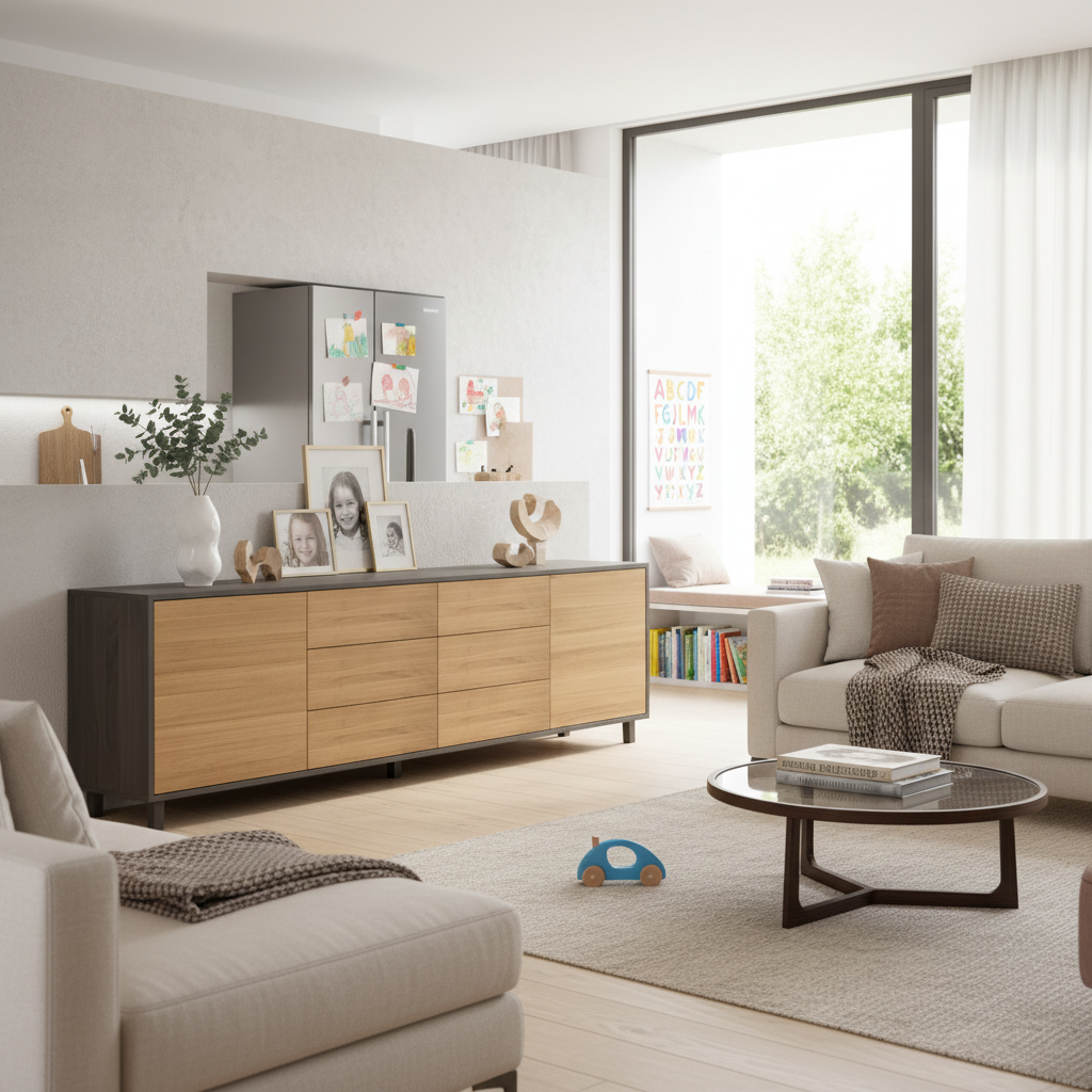 Sideboard "schmale Fuge" by Wildwuchs-Möbel in natural oak and black oil finish, 240cm long, showcasing modern design.