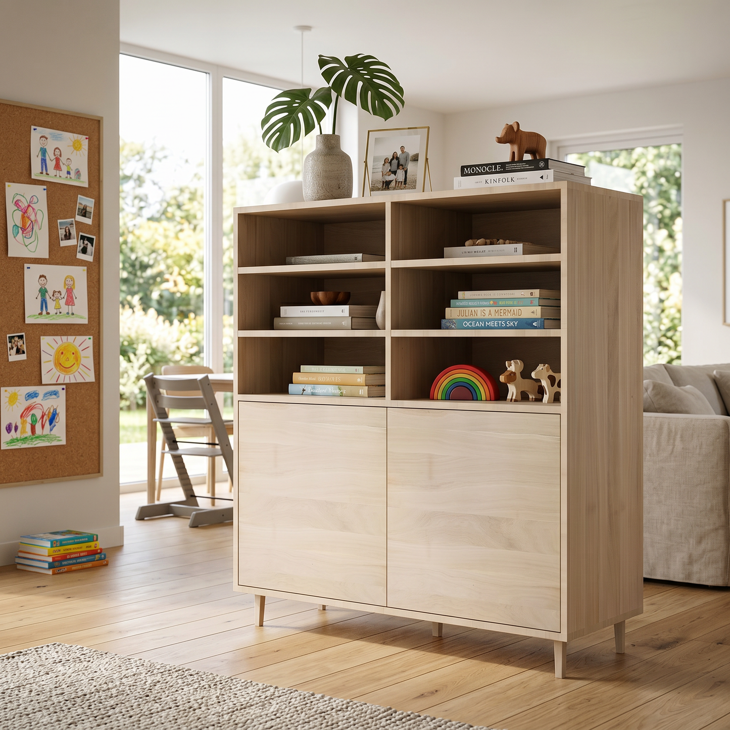 Moderner Highboard aus Eiche mit schmalen Fugen, geölt, 120cm breit, von Wildwuchs-Möbel, minimalistisches Design, naturbelassene Oberfläche
