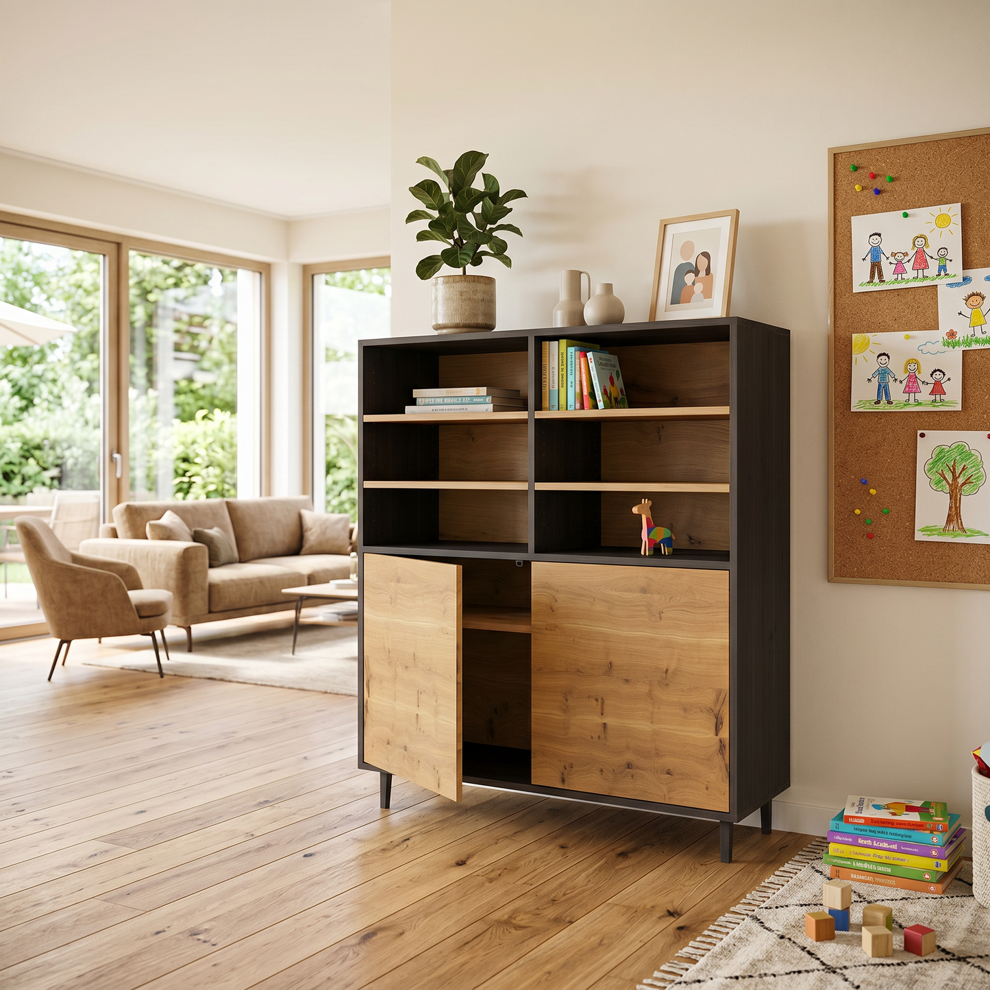 Rustikaler Eiche Highboard von Wildwuchs-Möbel, schmal, natur/Schwarz geölt, 120cm, modernes Design, mit schmalen Fugen.