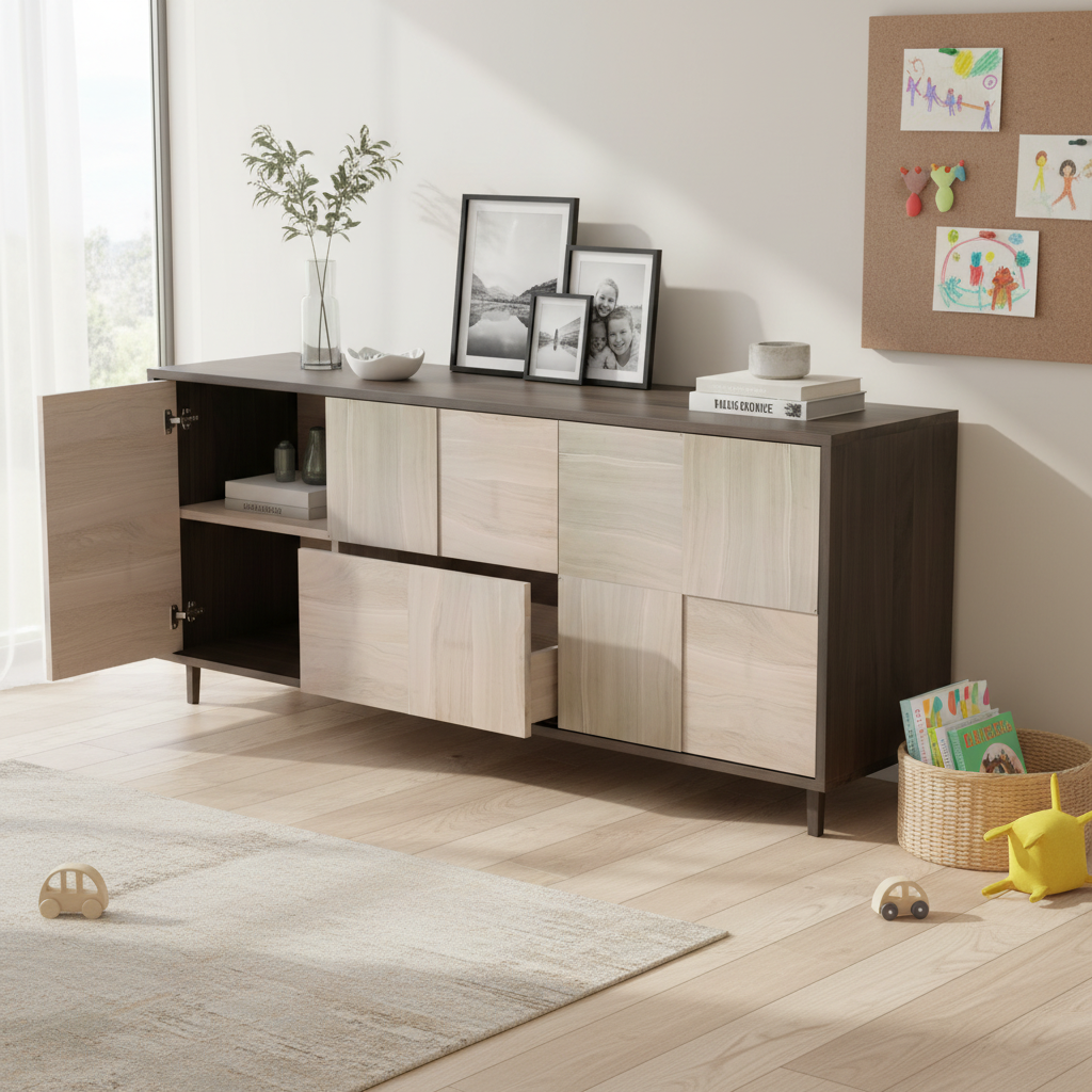 Modernes Sideboard "Mosaik" aus Eiche von Wildwuchs-Möbel, schwarz-weiß geölt, 180cm breit, klare Linien und stilvolles Design