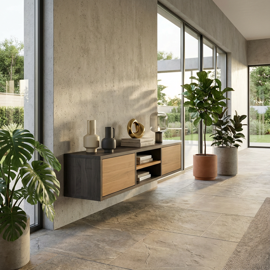 Lowboard Eiche Premium - Natur/Schwarz gewachst 150cm mit Wandaufhängung