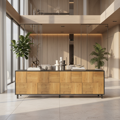 Modernes Eiche Rustikal Sideboard "Mosaik" von Wildwuchs-Möbel, 240cm lang, mit schwarzen Öl-Details, natürliche Holzoptik