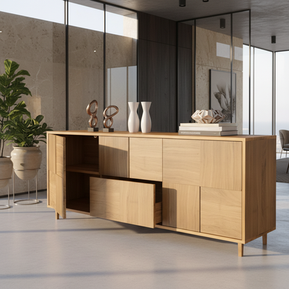 Modernes Sideboard "Mosaik" Eiche Premium, natur geölt, 180cm von Wildwuchs-Möbel, zeigt die Holzstruktur und elegantes Design.